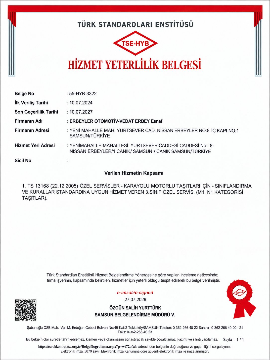 Erbeyler TSE Belgesi